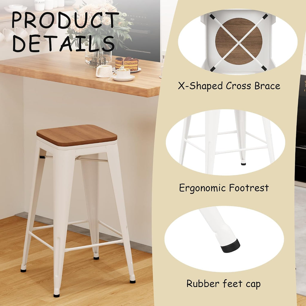 Andeworld Bar Stools Set of 2 Stackable Metal Bar Stools Industrial Counter Height Stools Backless Barstools with Wooden Seats (26 inch, White with Wooden Seats)