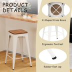 Andeworld Bar Stools Set of 2 Stackable Metal Bar Stools Industrial Counter Height Stools Backless Barstools with Wooden Seats (26 inch, White with Wooden Seats)