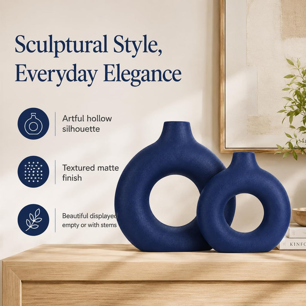 Navy Blue Ceramics Vase for Home Decor,Minimalist Nordic Hollow Donut Vase Set of 2,Modern Navy Blue Decor for Kitchen Table Centerpiece,Living Room,Fire Place,Bookshelf,Office,Entryway,Console