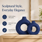 Navy Blue Ceramics Vase for Home Decor,Minimalist Nordic Hollow Donut Vase Set of 2,Modern Navy Blue Decor for Kitchen Table Centerpiece,Living Room,Fire Place,Bookshelf,Office,Entryway,Console