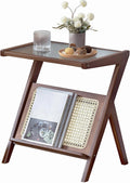 Boho Rattan Side Table, Wooden Accent Table with Magazine Storage Shelf, Mid Century Modern End Table for Living Room Bedroom