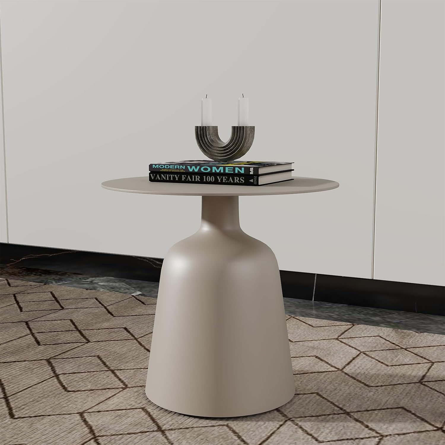 Outdoor Round Side Table, Mid Century Modern Style, Weather Resistant Rust Resistant Aluminum Base, Ideal for Garden, Pool, Patio, Balcony, Living Room, 19.5" x 18.3",Champagne