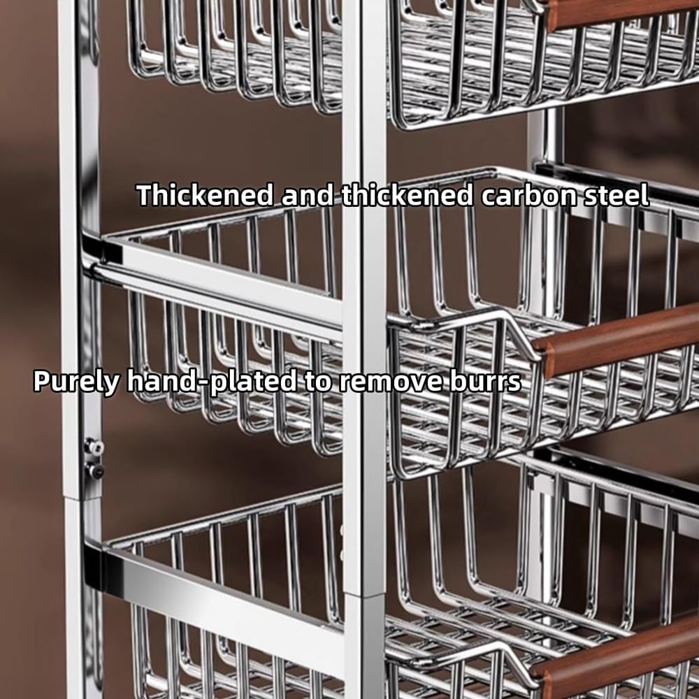 5-Tier Rolling Fruit & Vegetable Storage Cart with Drawers, Extra-Thick Metal Kitchen Organizer Cart on Wheels, Fruit Basket Stand& Fruteros para Cocina, Narrow Pantry Cart for Storage