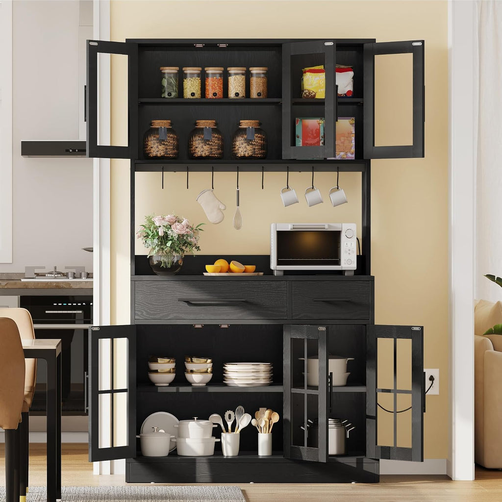 YITAHOME 2-Pack Kitchen Pantry Storage Cabinet Set, 71'' Kitchen Hutch with Outlet & Glass Door & Drawer & Shelves & Hook, Freestanding Microwave Stand Coffee Bar for Home Dining Living Room, Black