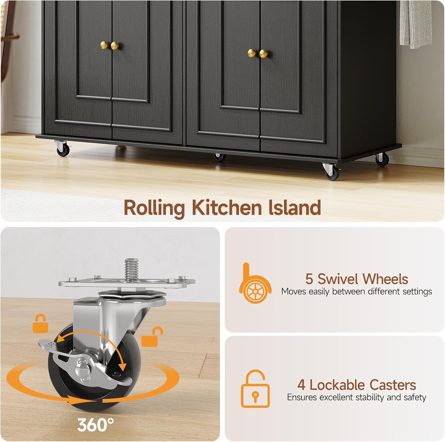 ComfyCorner 58" Rolling Kitchen Island with Storage, Island Table for Kitchen with Power Outlet, Multi-level Kitchen Islands on Wheels, Mobile Bar Cart with Spice Rack, Towel Rack, Knife Holder, Black