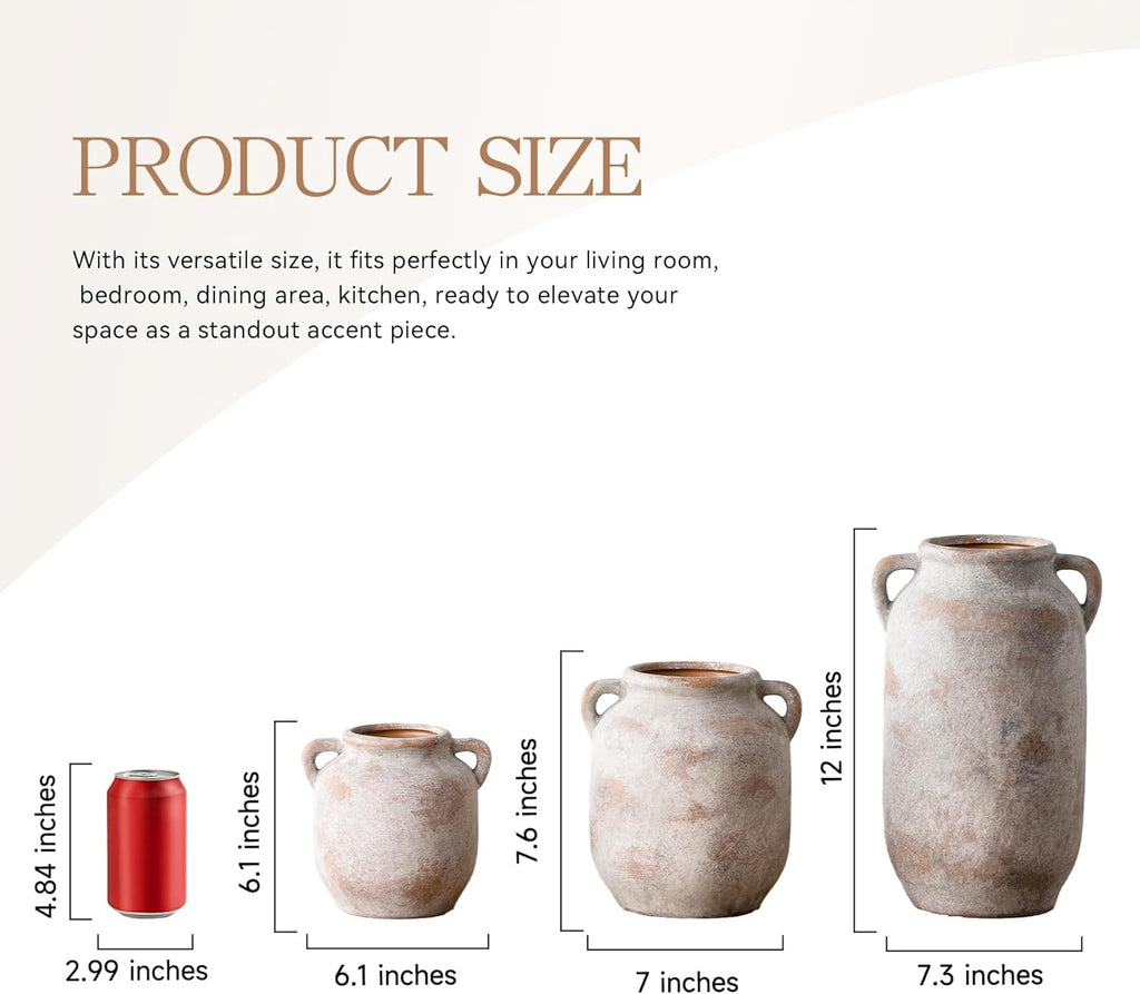 Large Flower Vase Home Decor - 12 inch Tall Ceramic Farmhouse Rustic Table Vases with Handle Living Room Decoration Decorative Modern Vintage for Floor Kitchen Shelf Coffee Dining Desk Fireplace
