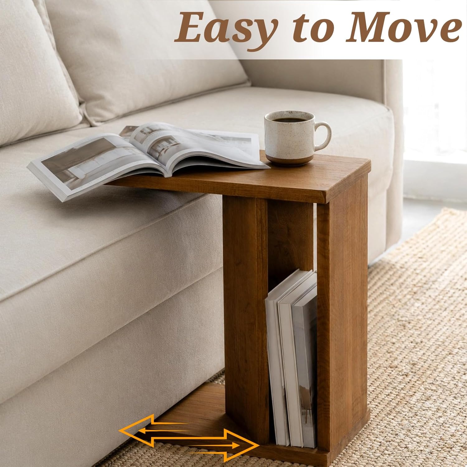 Solid Wood C Shaped End Table for Couch, No Assembly Required Sofa Side Table with Storage Shelf, Small Snack Table Slide Under Couch, Narrow Nightstand for Living Room, Bedroom & Small Spaces