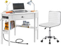 Yaheetech Home Office Furniture Set, L Shaped Computer Corner Desk with Outlets and USB Ports for Small Space, PU Leather Adjustable Chair Low Back Ribbed Armless Swivel White Desk Chair Set