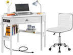 Yaheetech Home Office Furniture Set, L Shaped Computer Corner Desk with Outlets and USB Ports for Small Space, PU Leather Adjustable Chair Low Back Ribbed Armless Swivel White Desk Chair Set
