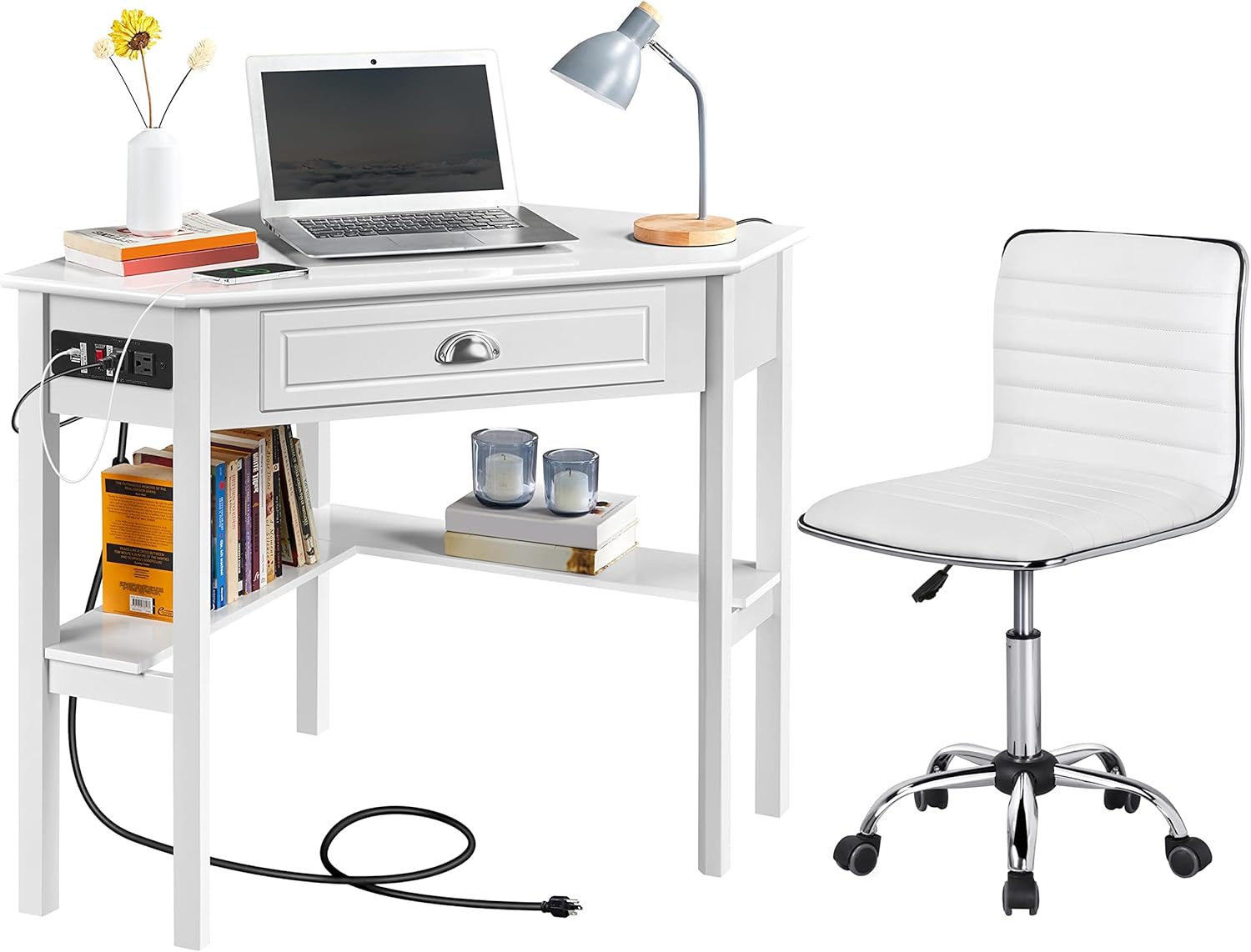 Yaheetech Home Office Furniture Set, L Shaped Computer Corner Desk with Outlets and USB Ports for Small Space, PU Leather Adjustable Chair Low Back Ribbed Armless Swivel White Desk Chair Set
