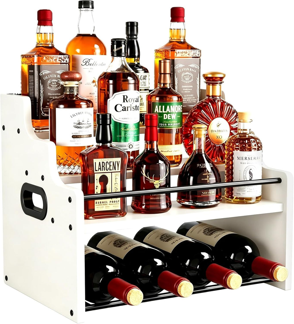 4-Tier Wood Display Shelf Wine Rack for 16 Bottles Wood Coffee Syrup Organizer with Handles Home Whiskey Shelf Retro Mini Liquor Cabinet Spice Rack Coffee Bar Shelves, White