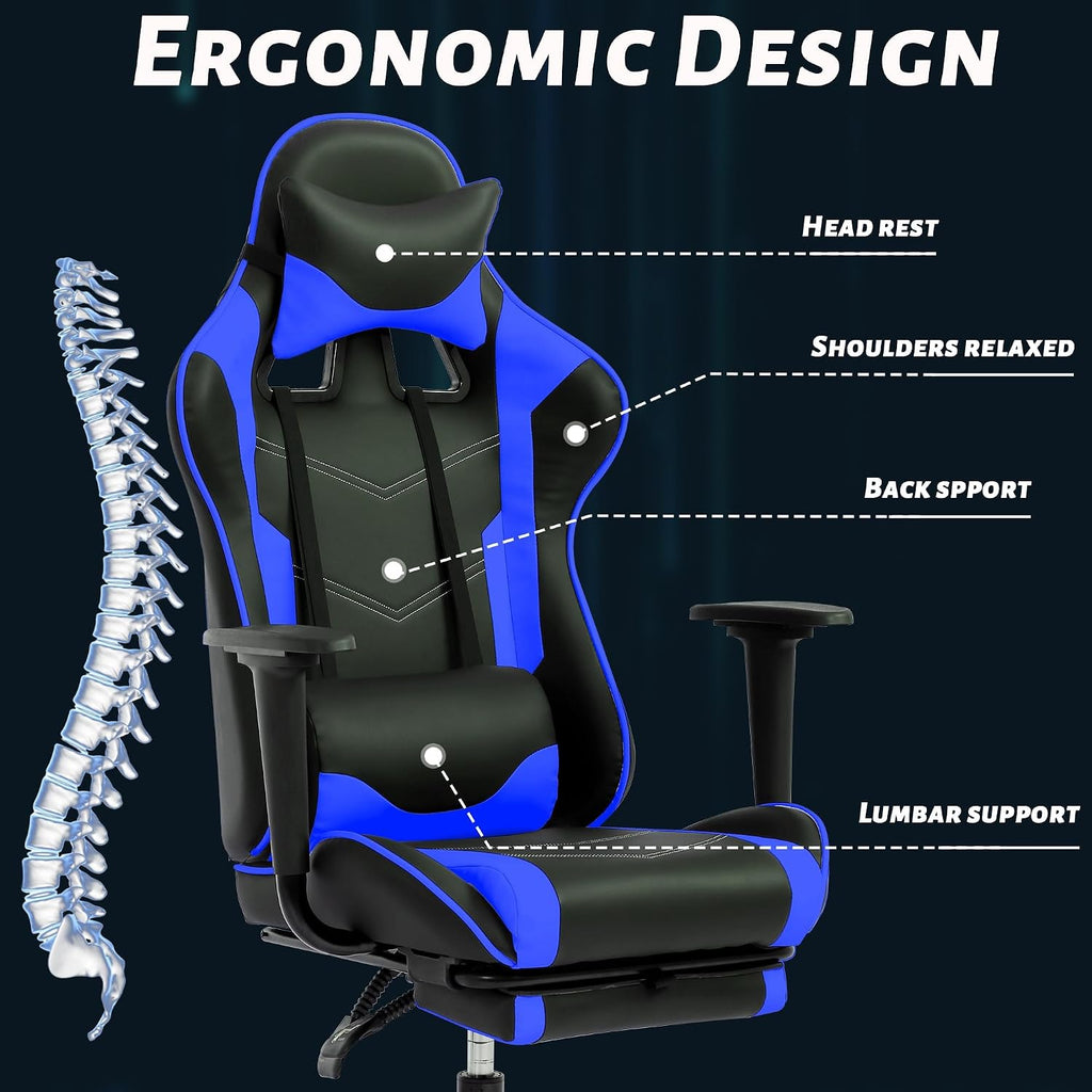 Gaming Chair, High Back PU Leather Gaming Chairs Computer Chair with Headrest & Lumbar Support, Height Adjustable Wide Seat Gaming Chairs for Adults, Game Chair with Footrest & Armrest (Blue)