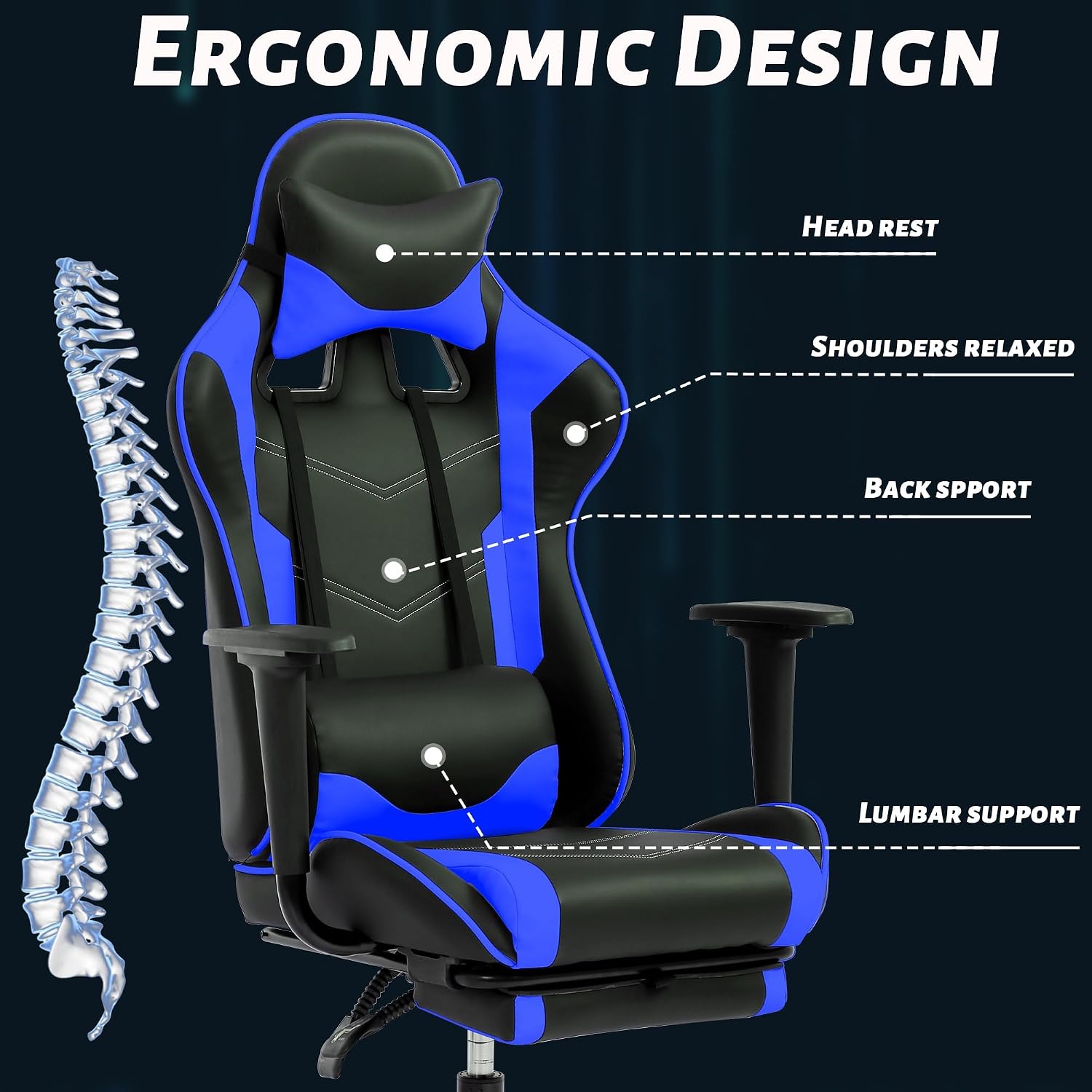 Gaming Chair, High Back PU Leather Gaming Chairs Computer Chair with Headrest & Lumbar Support, Height Adjustable Wide Seat Gaming Chairs for Adults, Game Chair with Footrest & Armrest (Blue)