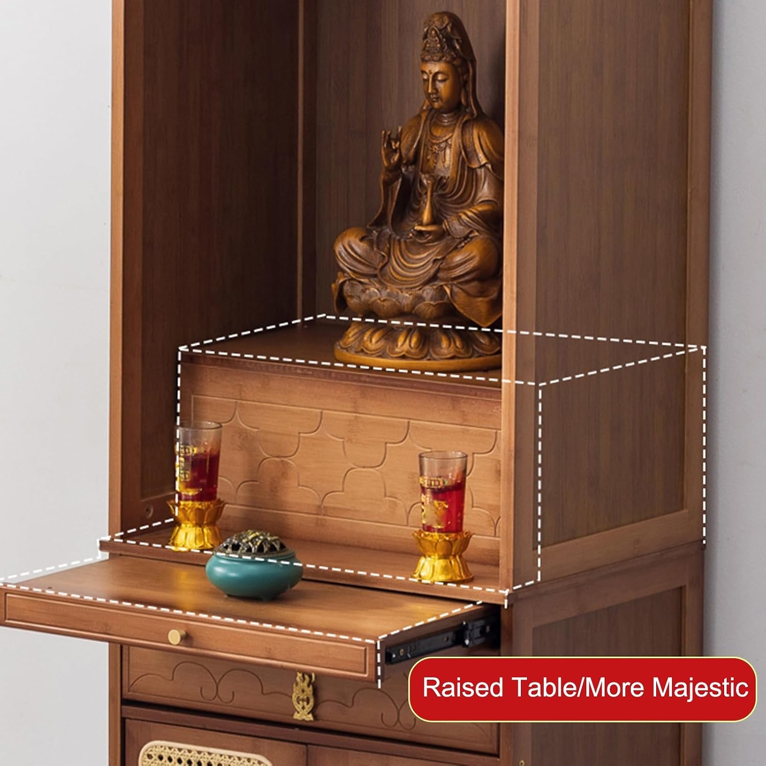 Personal Shrine Altar Table, Altar Cabinet, Meditation Table Storage Cabinet, Puja Table with Drawer, Prayer Stand Riser Home Decor, for Living Rooms, Shrines, Temples(Brown,60cm/23.6in)