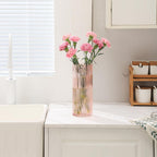 Pink Glass Vase for Flowers Ribbed Glass Vase, Pink Flower Vase, Tall Cylinder Glass Vases for Centerpieces, Living Room, Bedroom, Dining Table, Office, Wedding, Bookshelf Decoration,10 Inches