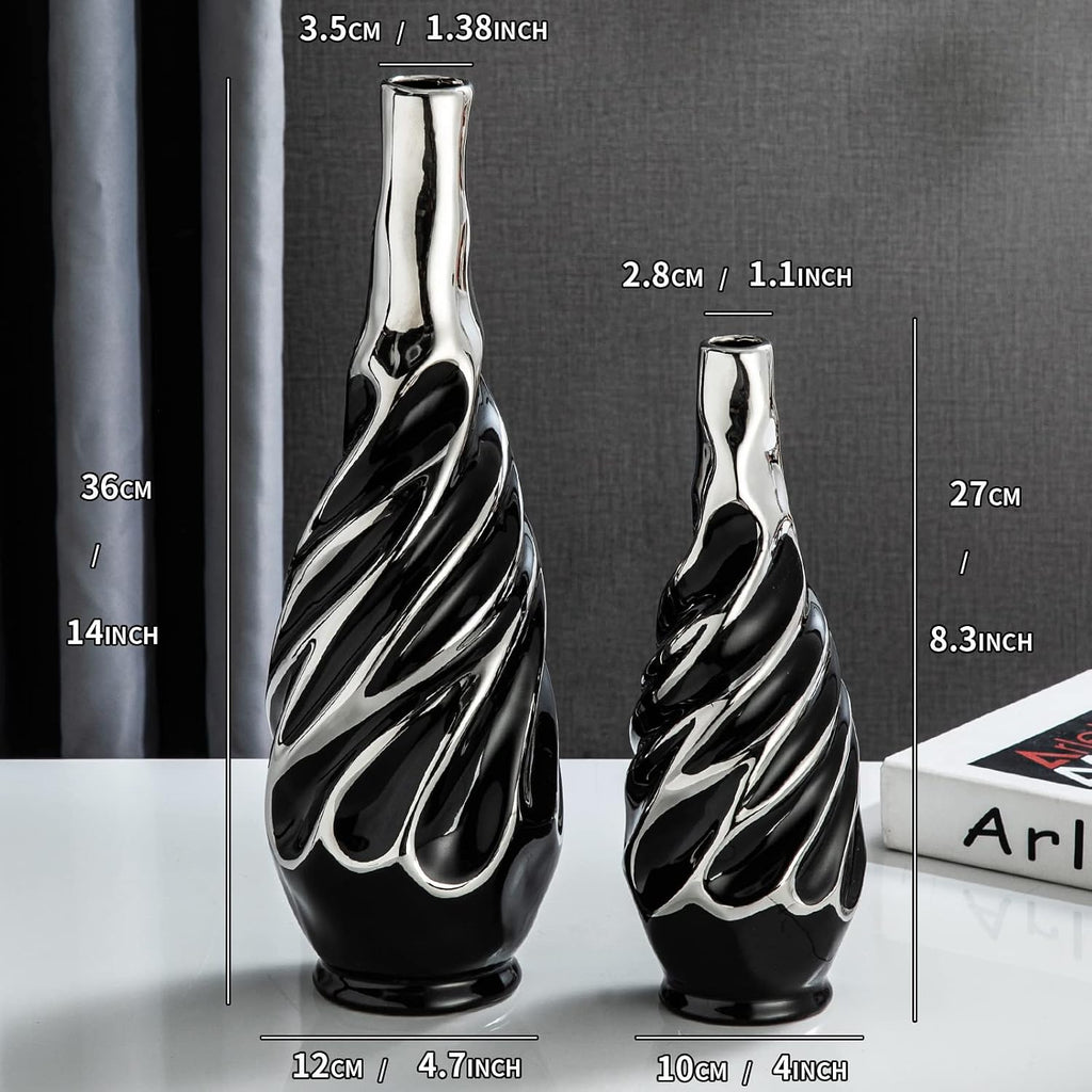 Yundu Black with Silver Vase Set of 2 - Pampas Grass Vase, Ceramic Vases Ideal for Living Room, Shelf, Coffee, Home Decor. Boho & Modern Centerpieces Flowers Vases