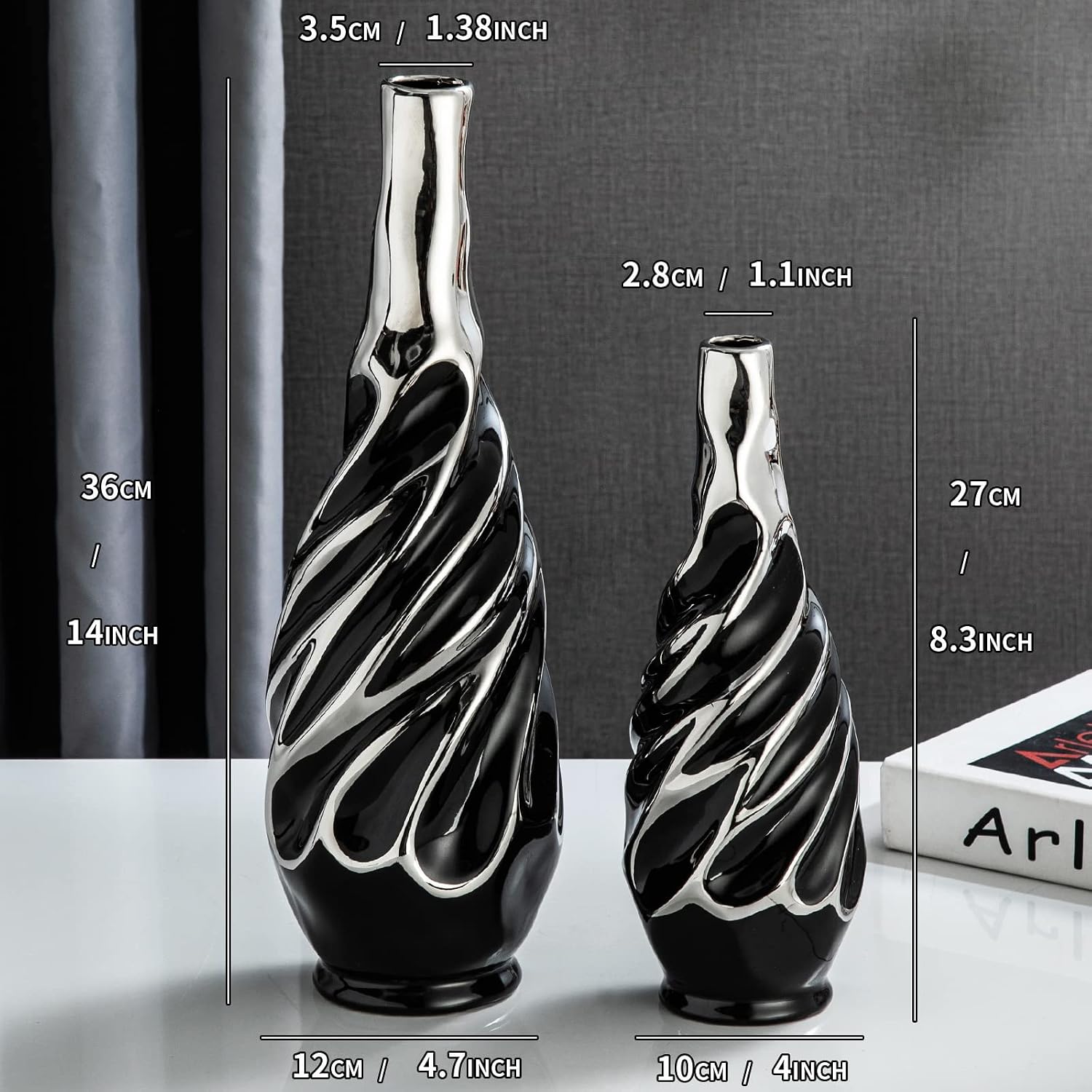 Yundu Black with Silver Vase Set of 2 - Pampas Grass Vase, Ceramic Vases Ideal for Living Room, Shelf, Coffee, Home Decor. Boho & Modern Centerpieces Flowers Vases