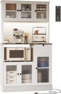 71" Kitchen Hutch Cabinet, White and Walnut Tabletop | for Living & Dining Room, Kitchen Pantry Cabinet with LED Light & Outlet, White Cabinet with Walnut Tabletop