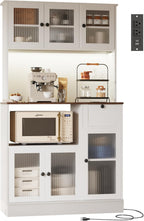 71" Kitchen Hutch Cabinet, White and Walnut Tabletop | for Living & Dining Room, Kitchen Pantry Cabinet with LED Light & Outlet, White Cabinet with Walnut Tabletop