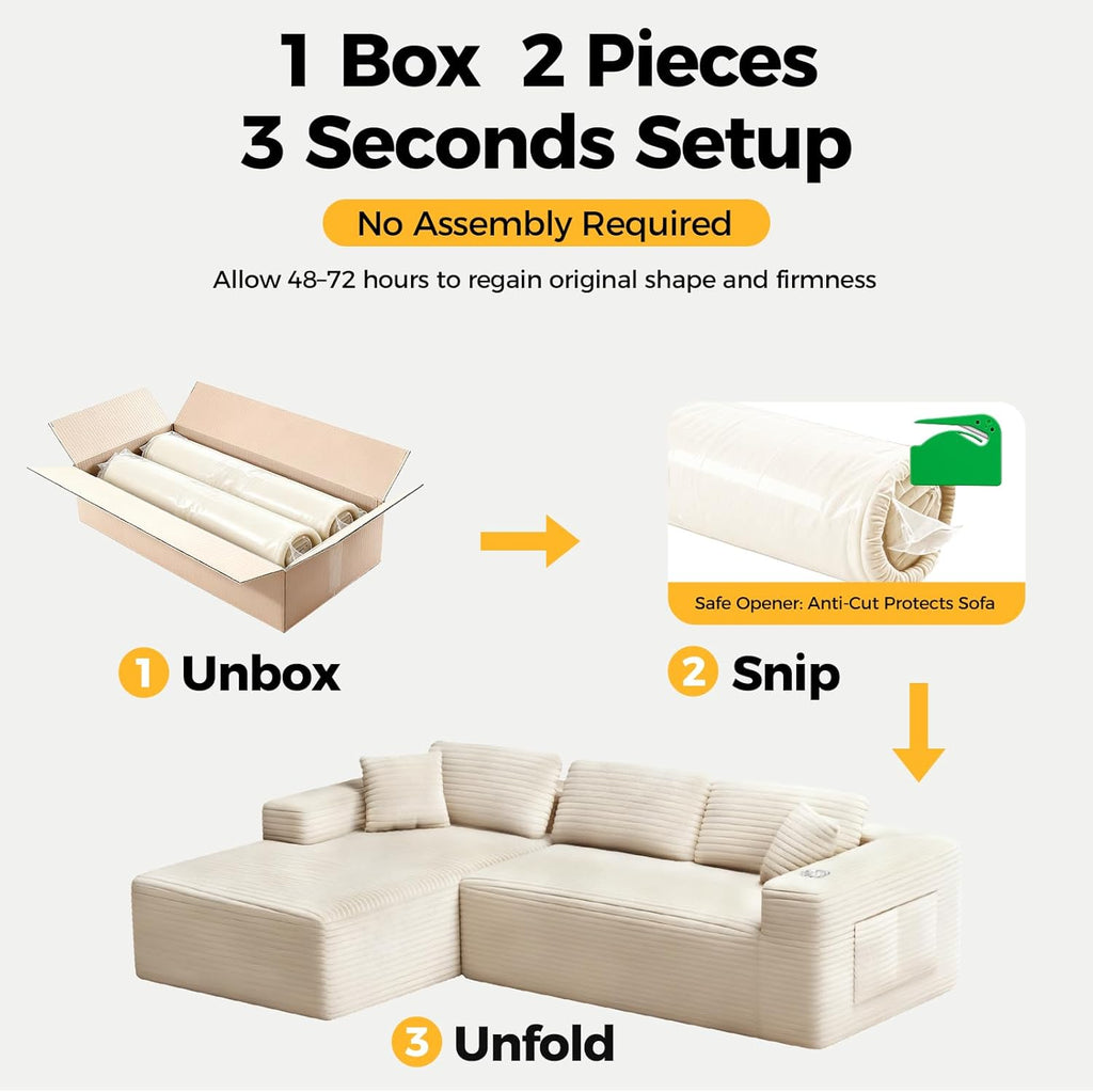 CAMMOO 108" Boneless Couch in One Box, Cloud Couches for Living Room, Beige | Compressed in One Box, Corduroy Boneless, Deep Seat, 4 Storage Pockets, L-Shaped Modular