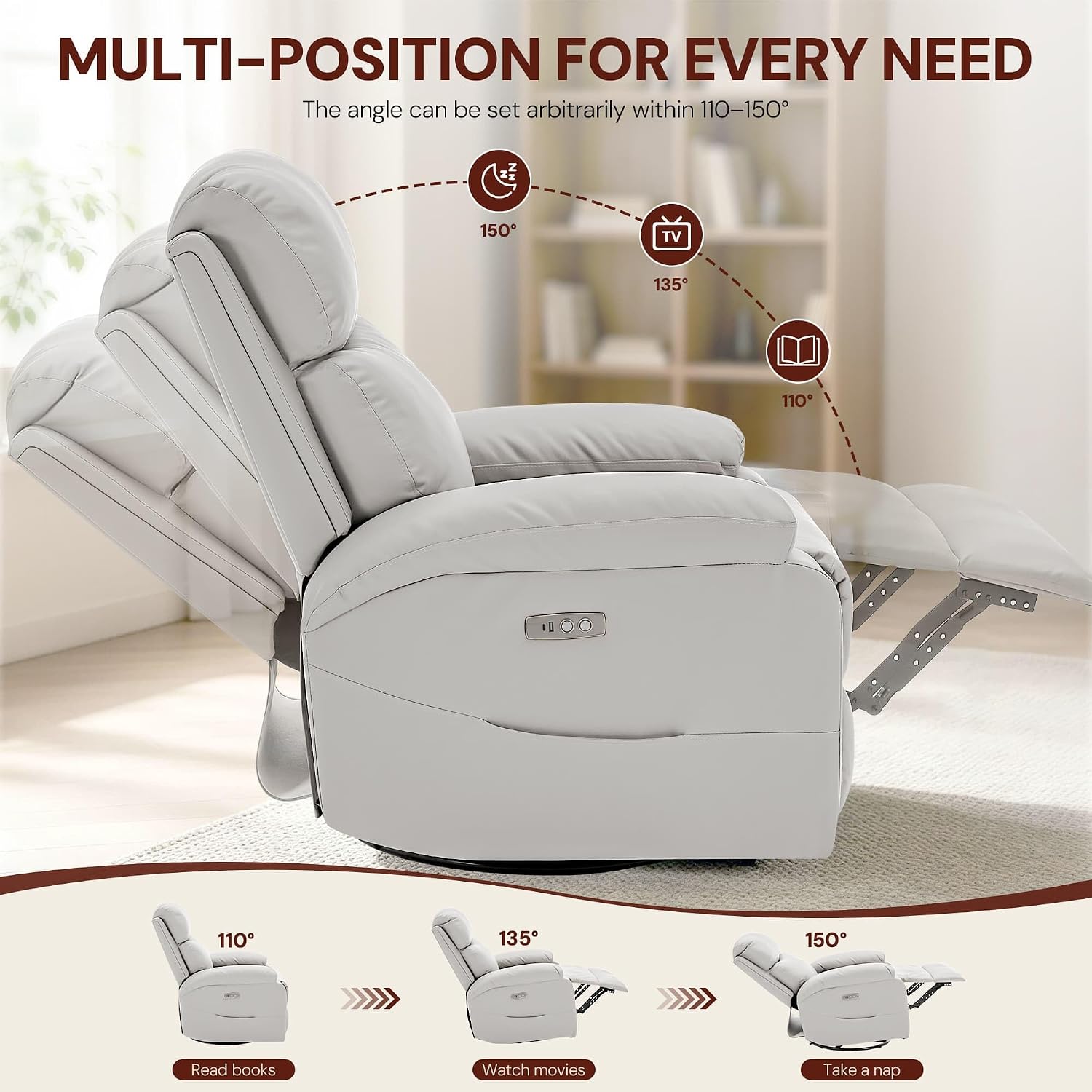 Korser Power Swivel Rocker Recliner Chair. Electric Glider Rocking Chair Nursery with Massage & Heat. PU Leather Nursery Rocking Chairs with USB & Type-C Ports for Living Room, Bedroom, Nursery, White