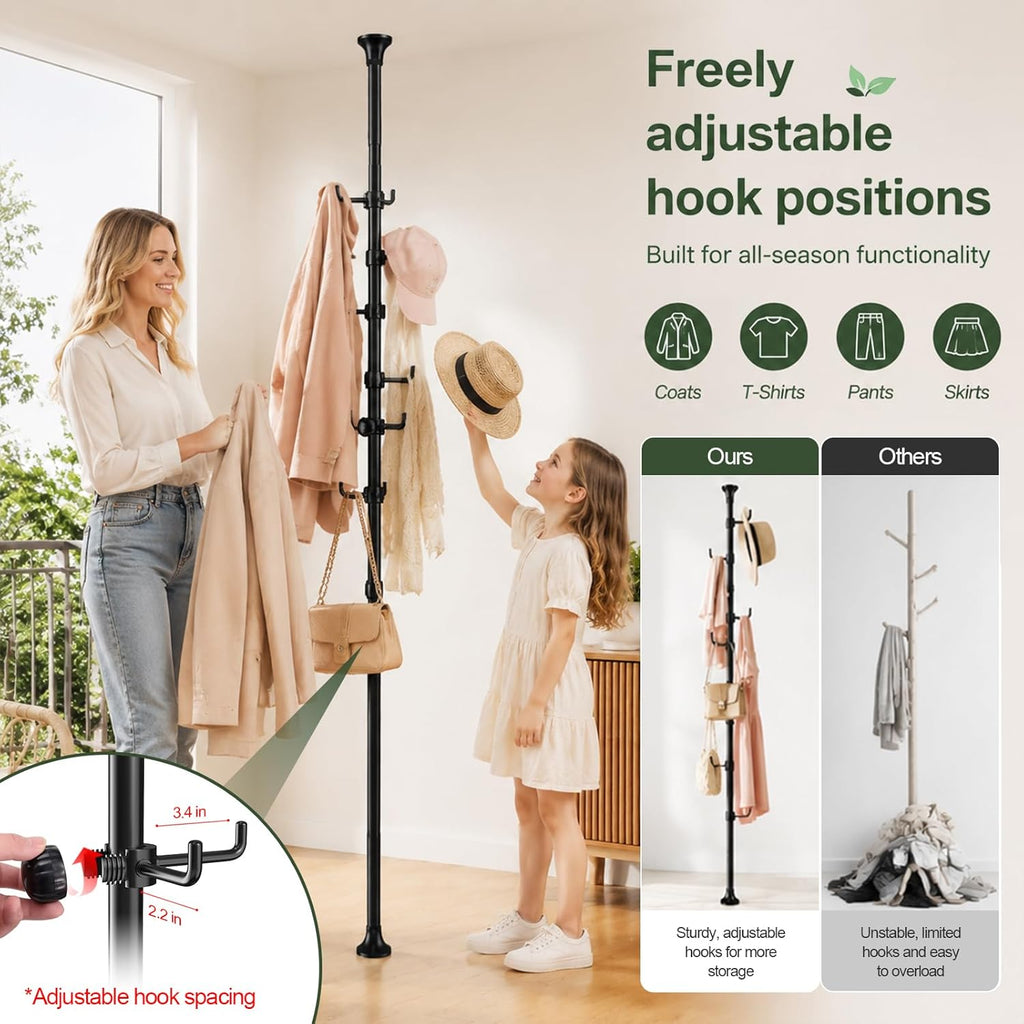 Coat Rack Freestanding, 56 to 125 inch Adjustable Tension Rod Hanger with 12 Hooks for Hanging Coat, Plant,Jacket, Hat, Scarf, Suitable for Living Room, Balcony, Kitchen Black