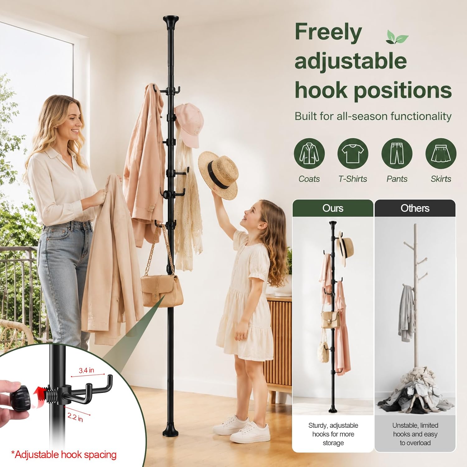 Coat Rack Freestanding, 56 to 125 inch Adjustable Tension Rod Hanger with 12 Hooks for Hanging Coat, Plant,Jacket, Hat, Scarf, Suitable for Living Room, Balcony, Kitchen Black