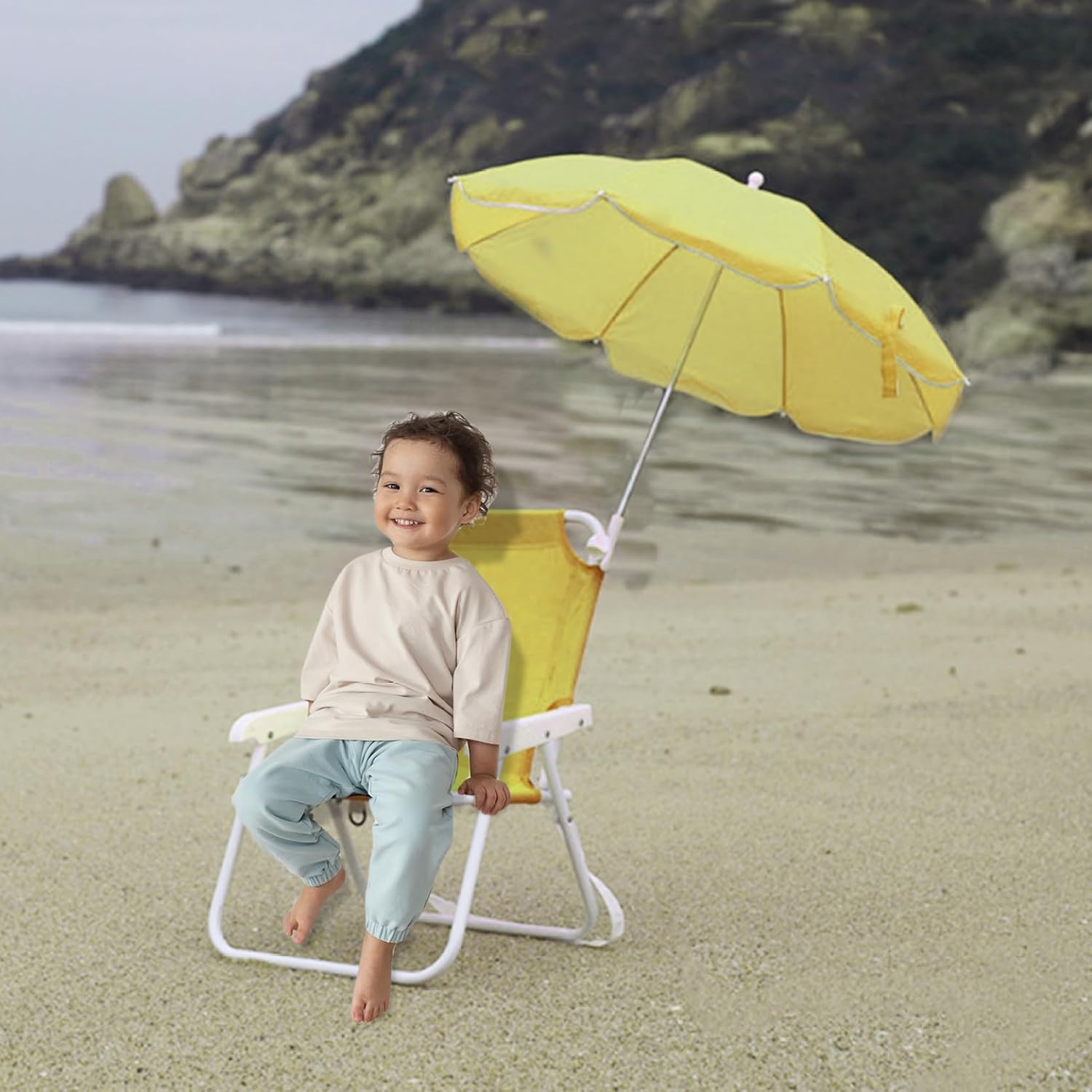 Kids Beach Chair with Umbrella Foldable & Detachable Beach Chair with Canopy, Lightweight and Sturdy Outdoor Seat for Camping, Travel, Lawn Yellow