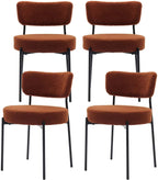 Boucle Dining Chair Set of 4, Mid Century Modern Upholstered Kitchen Chairs with Curved Backrest & Black Metal Legs, Round Dining Room Chairs, Brown