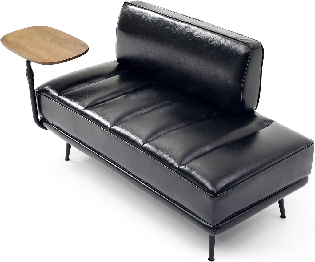 55" Modern Upholstered Bedroom Bench with Side Table - 360° Rotating Tray, PU Leather Cushion, Metal Legs for Living Room & Entryway (Black)