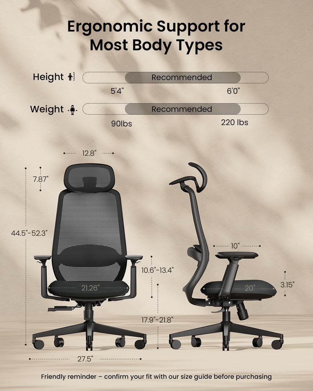 ProtoArc EC200 Ergonomic Office Chair with Adjustable Seat Depth | Lumbar Support, High-Back, Mesh Desk Chair, Home Office 8+ Long Hours Sitting, For Remote Workers & Programmers, Pure Black