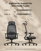 ProtoArc EC200 Ergonomic Office Chair with Adjustable Seat Depth | Lumbar Support, High-Back, Mesh Desk Chair, Home Office 8+ Long Hours Sitting, For Remote Workers & Programmers, Pure Black