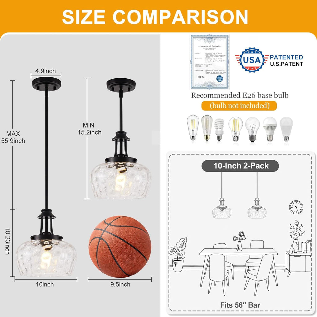 Modern Pendant Lights Kitchen Island, Matte Black Pendant Light Fixtures with 10" Clear Hammered Glass Shade, Industrial Hanging Pendant Lights Fixture for Kitchen Island Dining Room Bedroom Entryway