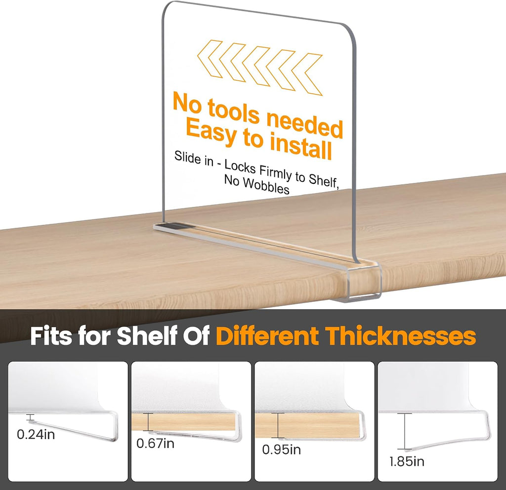 OKPOW Shelf Dividers for Closet Organization - 8 Pack 8" Tall X 12" Deep Acrylic Clear Sturdy Separators for Clothes Purse - Adjustable Removable Easy to Install Storage for Wood Cabinet Housewife
