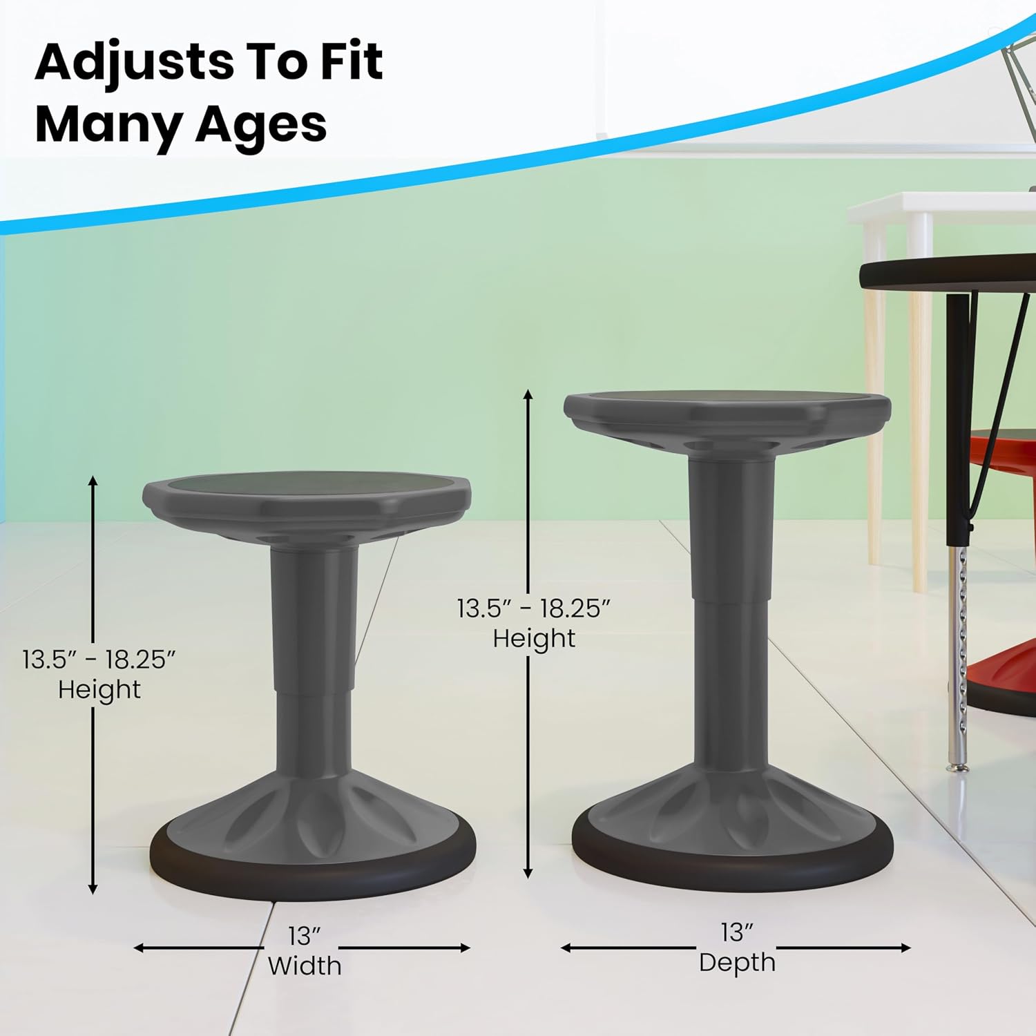 Flash Furniture Carter Adjustable Height Kids Active Stool - Flexible Gray Stool for Classroom and Home - Non-Skid Bottom - Rubberized Seat - 14" - 18" Seat Height