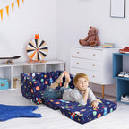 decalsweet Kids Couch Convertible Sofa to Lounger for Toddler Boy, Foldable 2-in-1 Kids Sofa Bed, Toddler Chairs Comfy for Bedroom Playroom, Blue Rocket