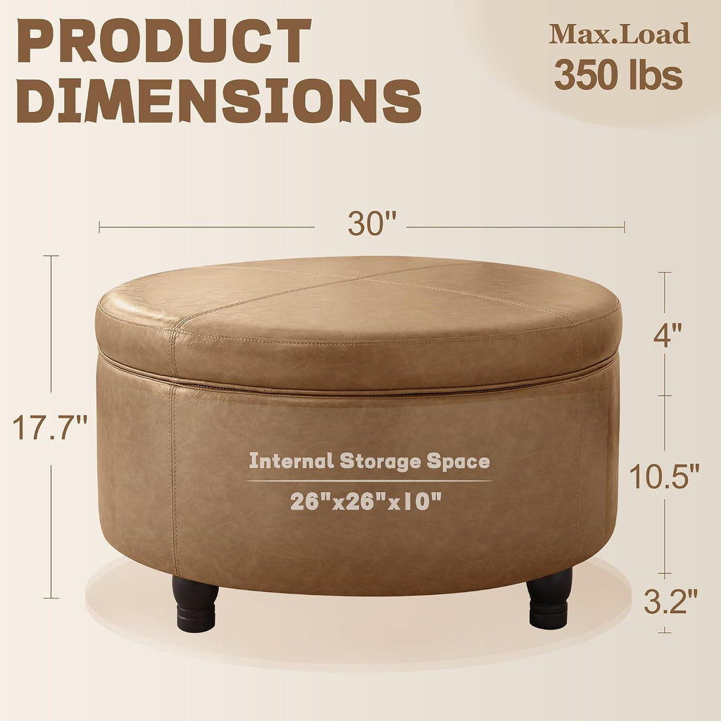 30-Inch Round Ottoman, Leather Ottoman with Storage (Light Brown | Modern Storage Ottoman with Removable Top for Living Room, Bedroom, Office
