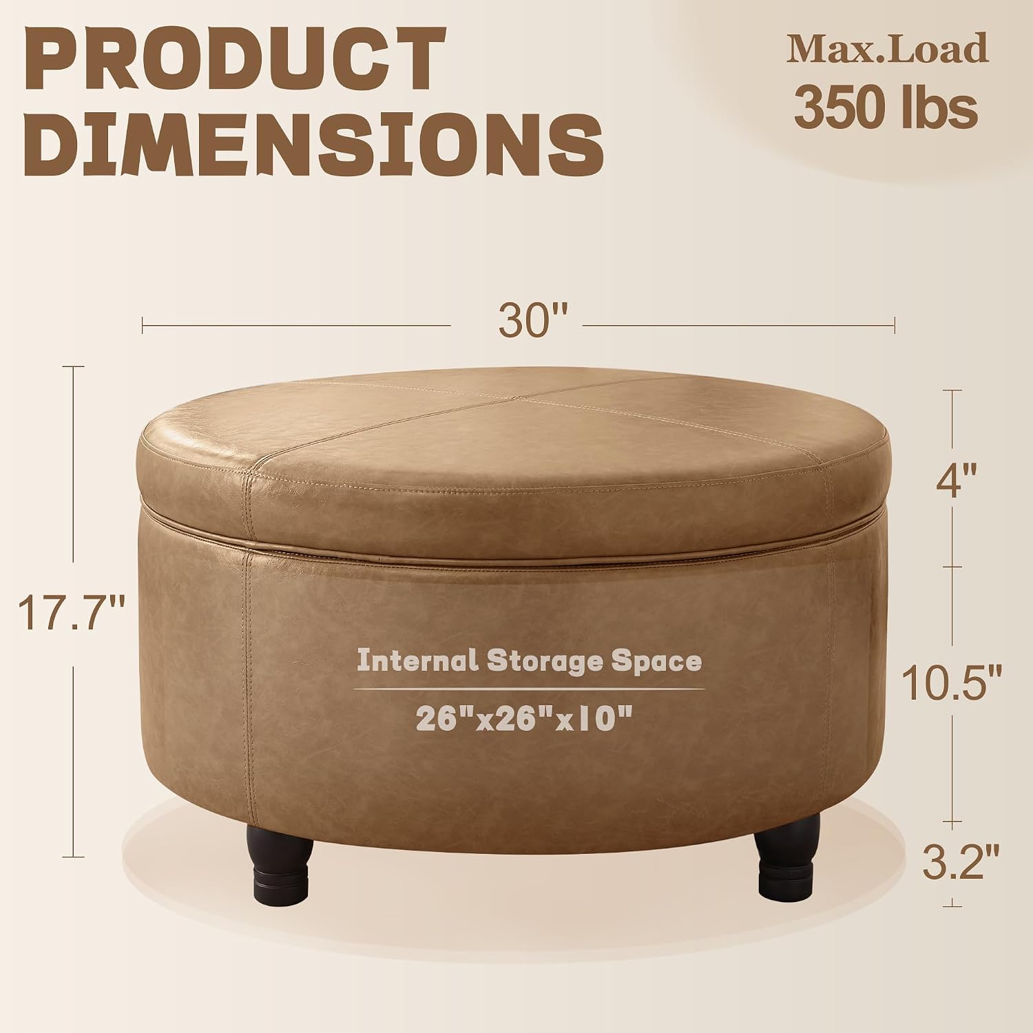 30-Inch Round Ottoman, Leather Ottoman with Storage (Light Brown | Modern Storage Ottoman with Removable Top for Living Room, Bedroom, Office