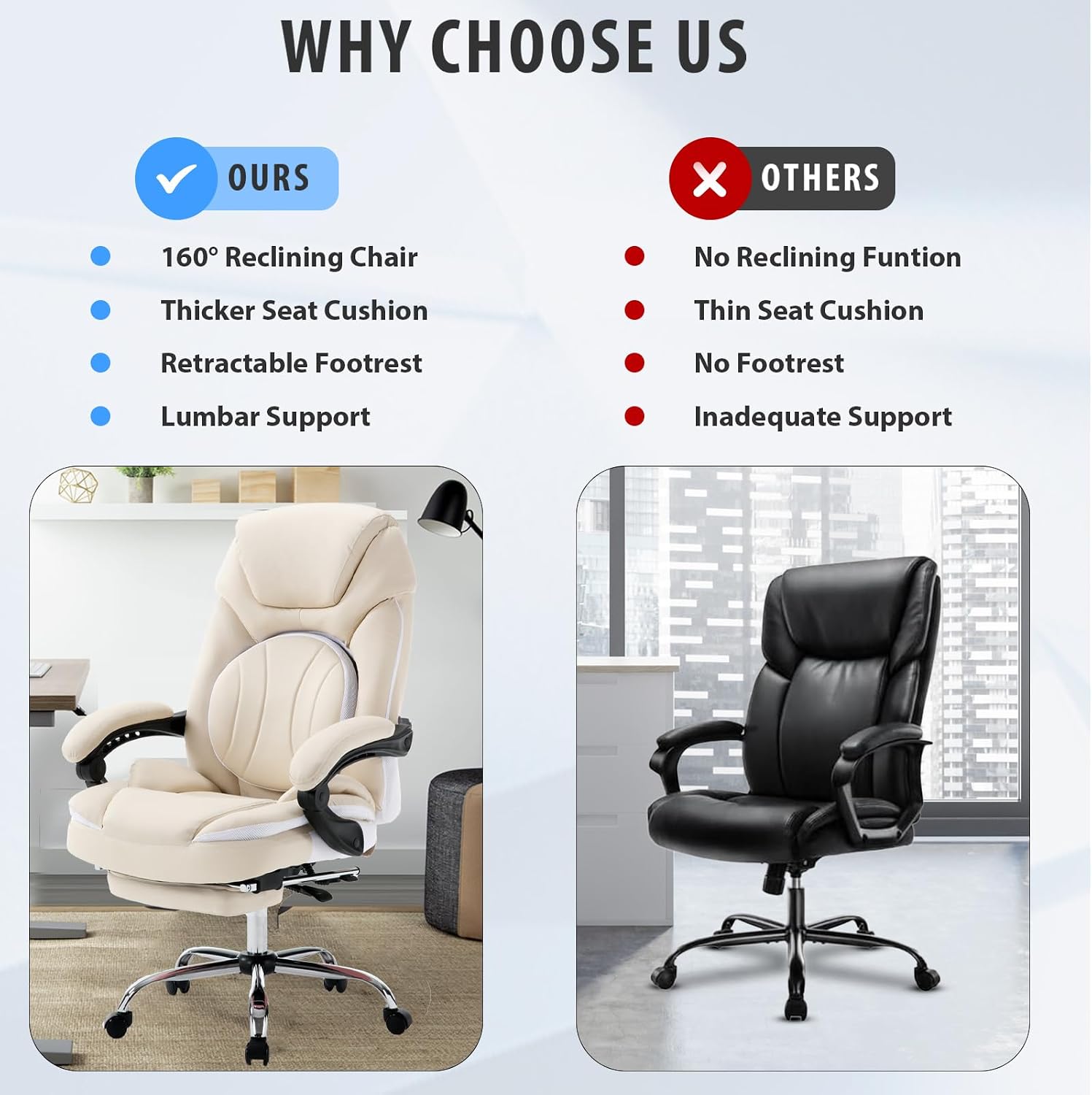 Comfortable Office Desk Chair with Foot Leg Rest, PU Leather Ergonomic Reclining Office Chair with Footrest Back Lumbar Support, Beige