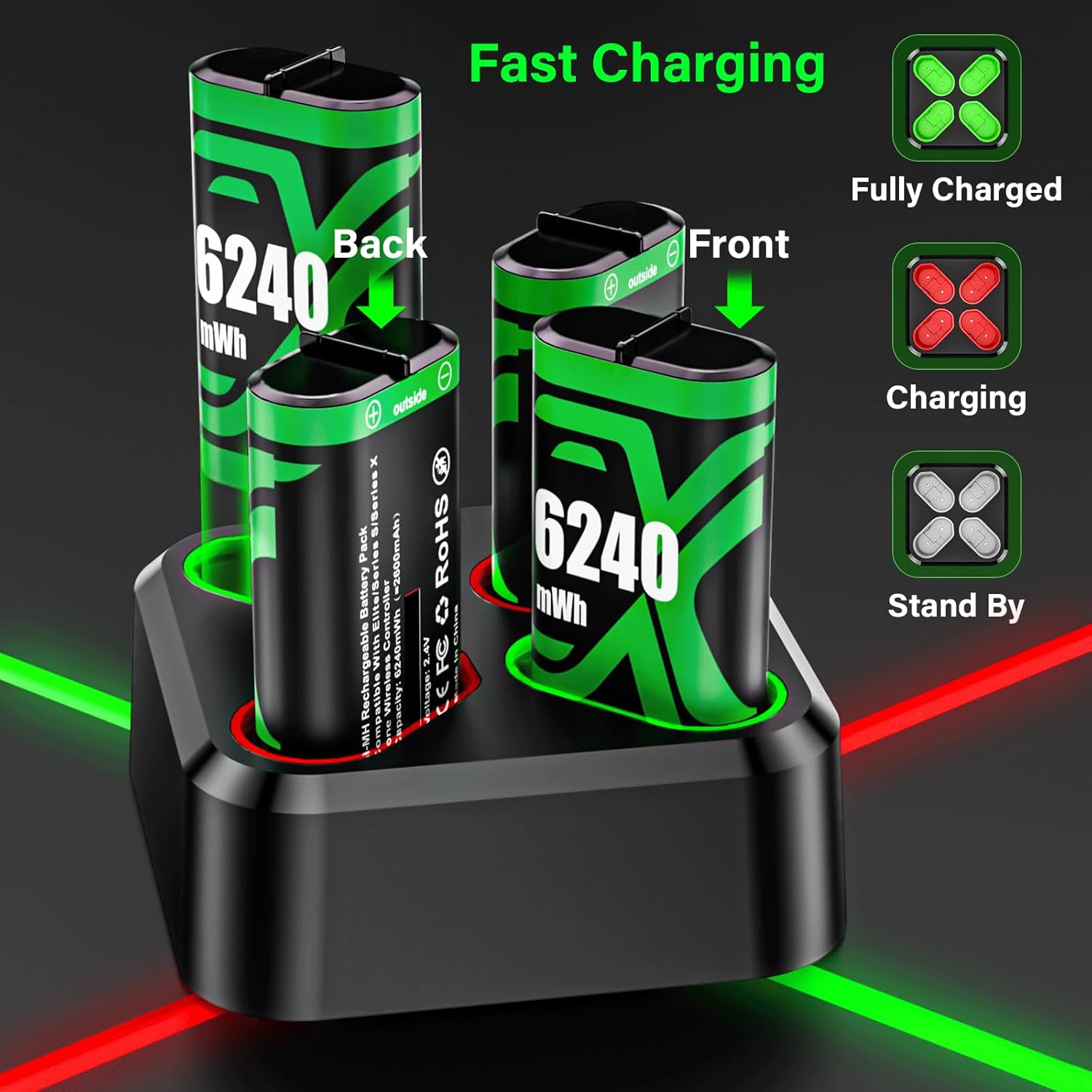 Rechargeable Xbox Controller Battery Pack for Xbox one/Xbox One S/Xbox X/Xbox Elite/Xbox Series X|S, 4x6240mWh Batteries Pack for Xbox Accessories Kits, Xbox 360 Console