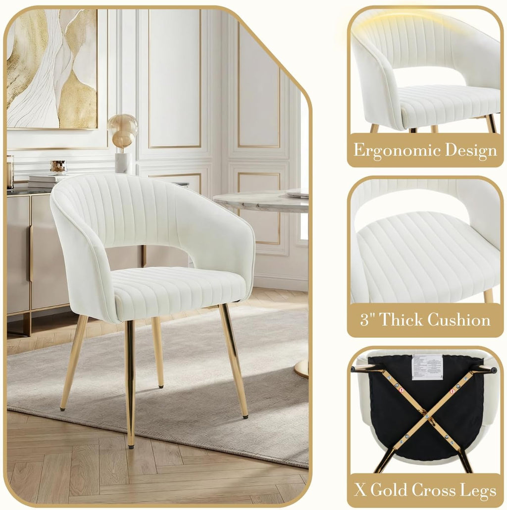 Velvet Dining Chairs Set of 4, Upholstered Dining Room Chairs with Gold Metal Legs, Modern Accent Kitchen Chairs with Curved Backrest for Living Room, Beige