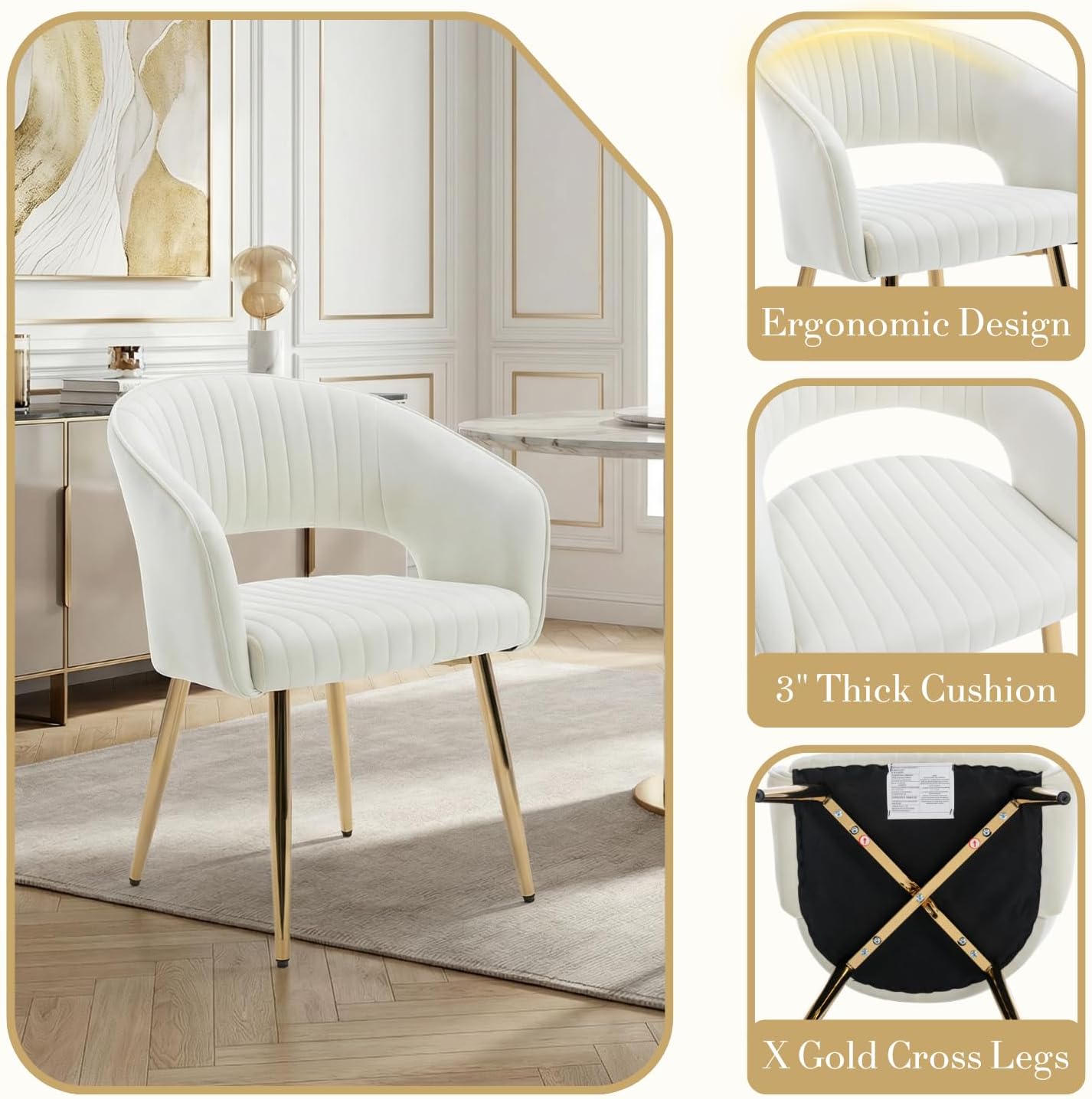 Velvet Dining Chairs Set of 4, Upholstered Dining Room Chairs with Gold Metal Legs, Modern Accent Kitchen Chairs with Curved Backrest for Living Room, Beige