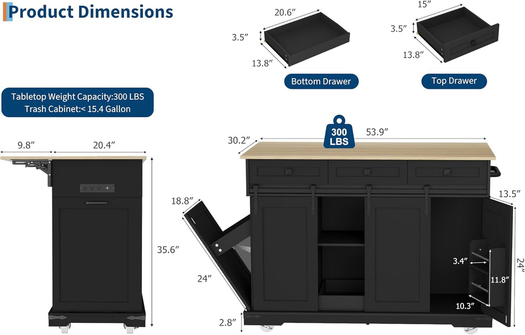 Large Rolling Kitchen Island with Power Outlet, Mobile Kitchen Cart on Wheels with Drop Leaf, 3 Drawers, Trash Can Storage, Spice Rack, Towel Holder, Kitchen Island Table for Dining Room, Home, Black