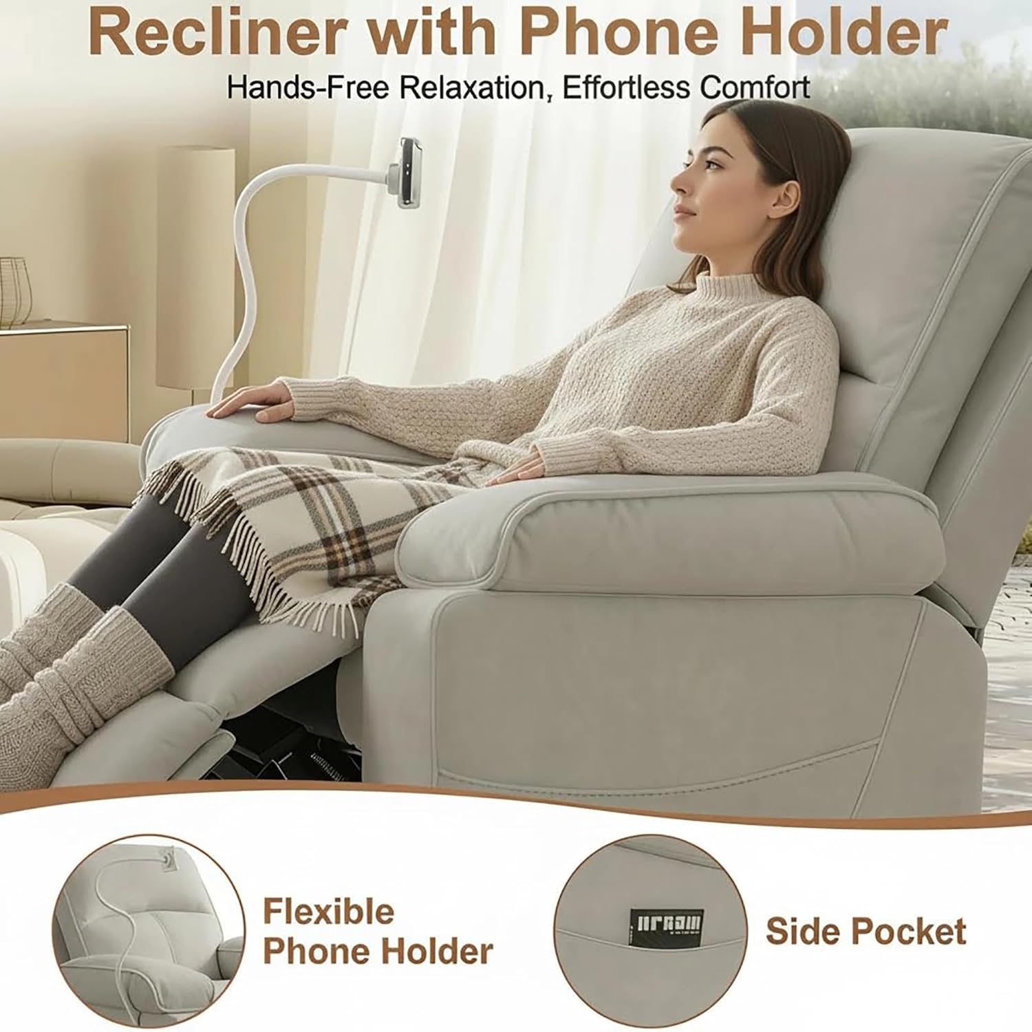 YuuYee Nursery Rocking Chairs Glider Recliner with Flexible Phone Holder, Oversized 360° Swivel Rocker Recliner, Comfortable Nursing Chair for Baby Breastfeeding, Manual Reclining, Velvet, Beige