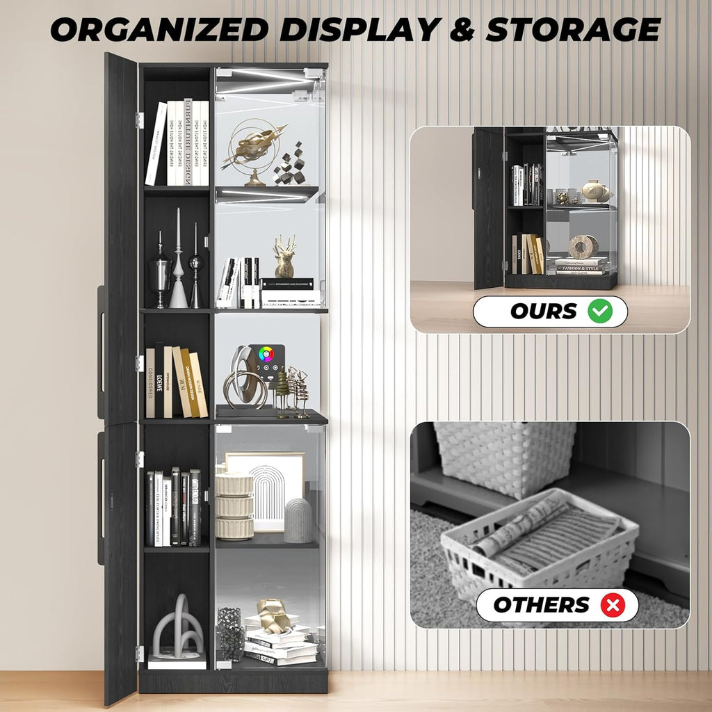 VersionTECH. Glass Display Cabinet with RGB Lights, 5-Tier Curio Cabinets with Glass Doors for Collectibles, Display Case with Adjustable Shelves, Human Sensor, Charging Station, Mirror Backing, Black