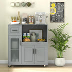 GOFLAME Rolling Kitchen Island Cart on Wheels, Mobile Kitchen Cart with Drawer, Open Shelf and Glass Door Cabinet, Microwave Stand Cart, Portable Kitchen Island for Kitchen, Dining Room, Grey