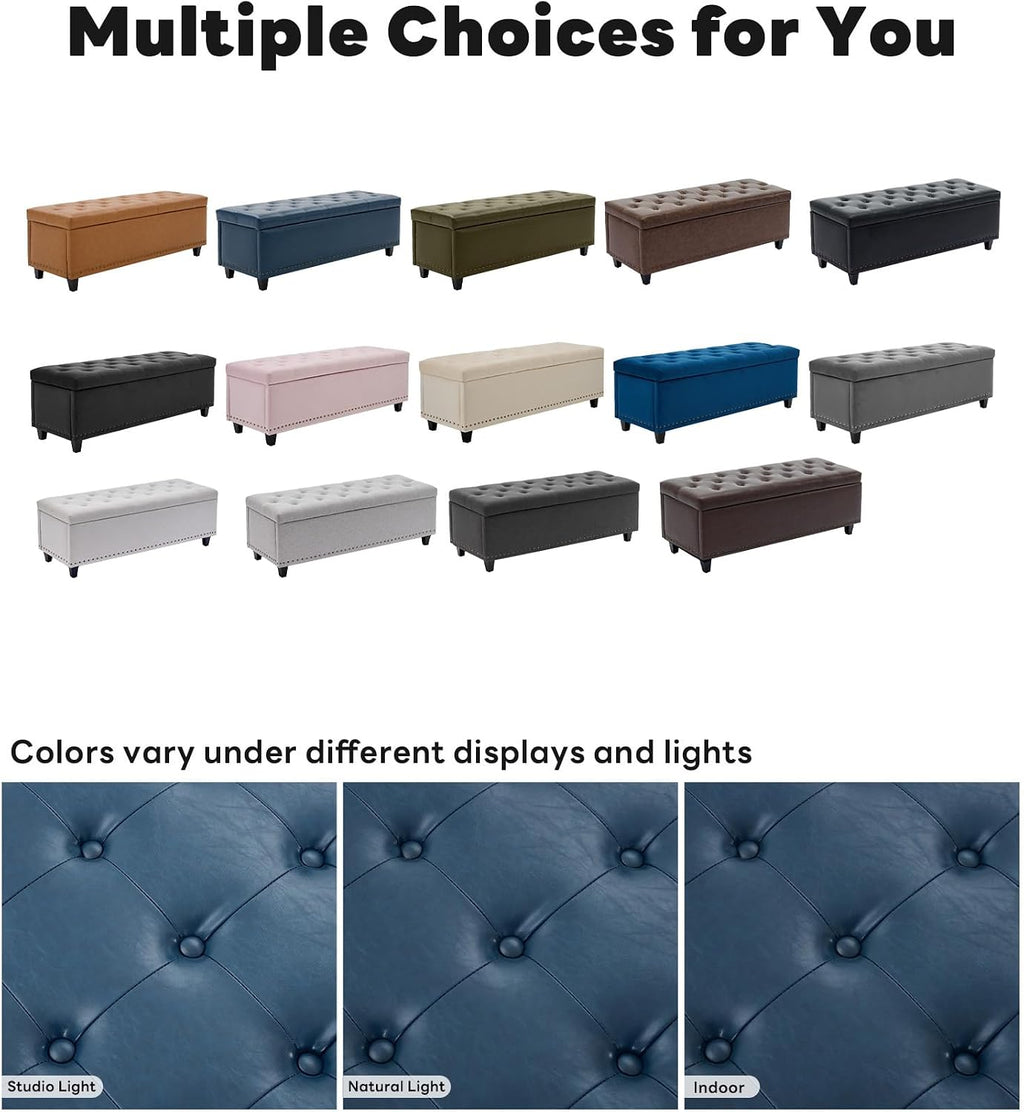 Tbfit 50.8" Large Storage Ottoman Bench with Button-Tufted Top, Blue PU Faux Leather End of Bed Chest with Safety Hinge and Rivets for Bedroom, Living Room (Blue PU)