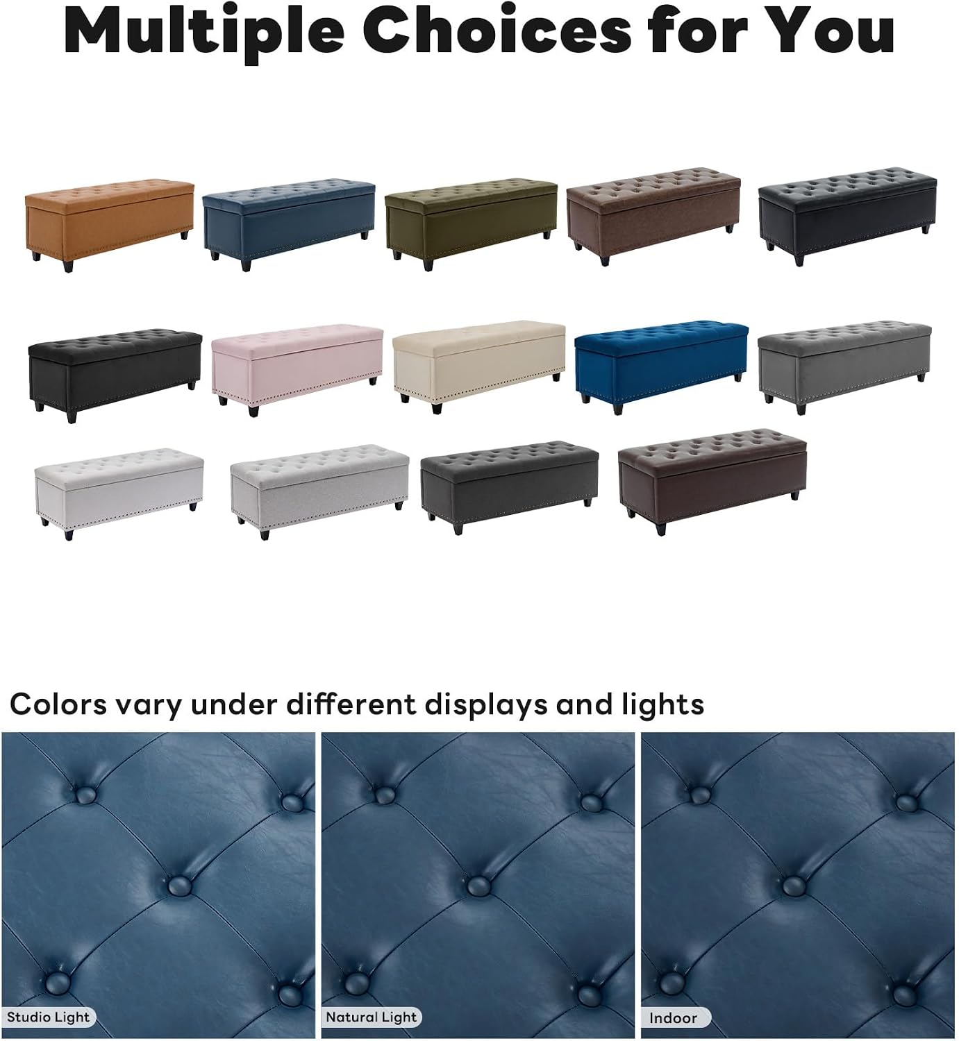 Tbfit 50.8" Large Storage Ottoman Bench with Button-Tufted Top, Blue PU Faux Leather End of Bed Chest with Safety Hinge and Rivets for Bedroom, Living Room (Blue PU)