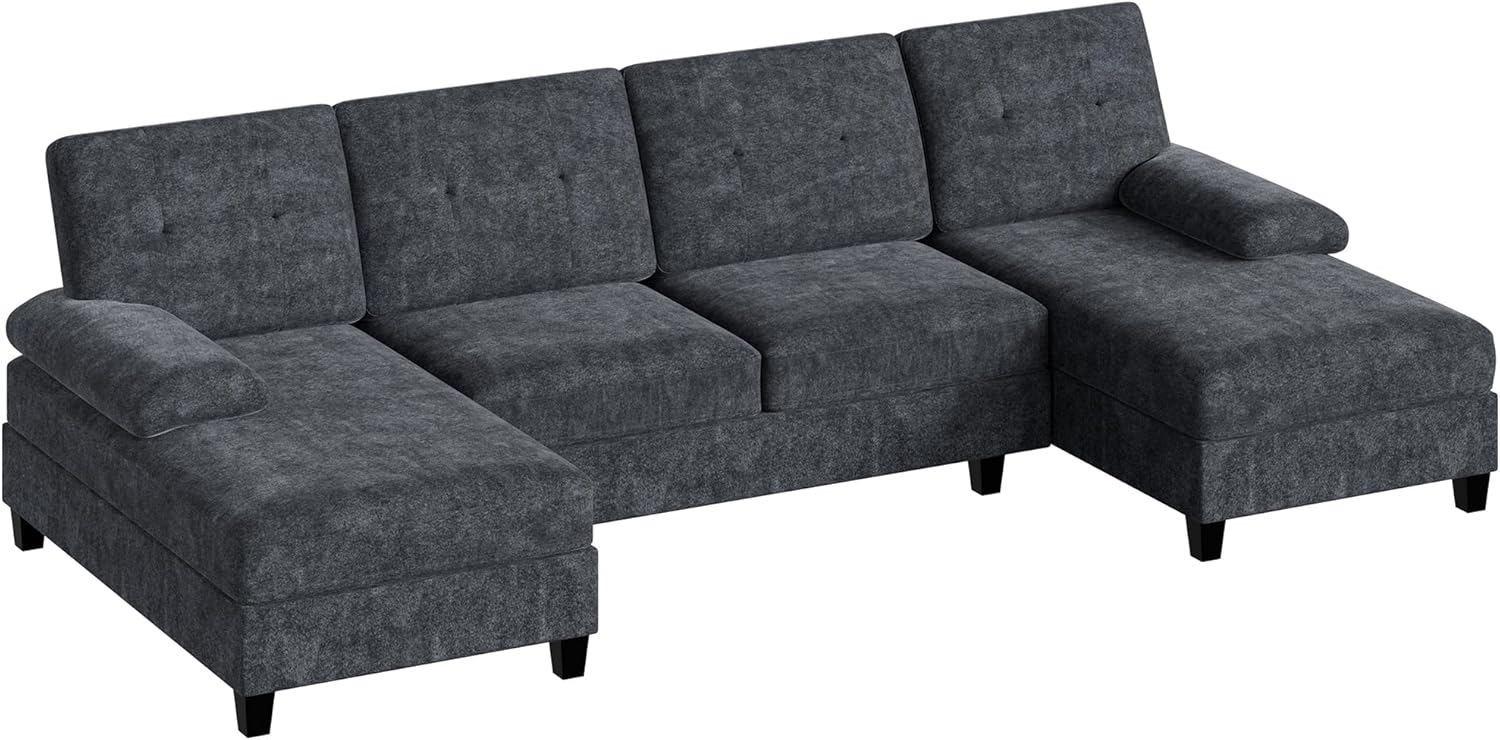 U-Shaped Sectional Sofa with Double Chaise,Linen Fabric 4-Seat Modern Couch, Removable Pillows for Apartment Living Room, Black