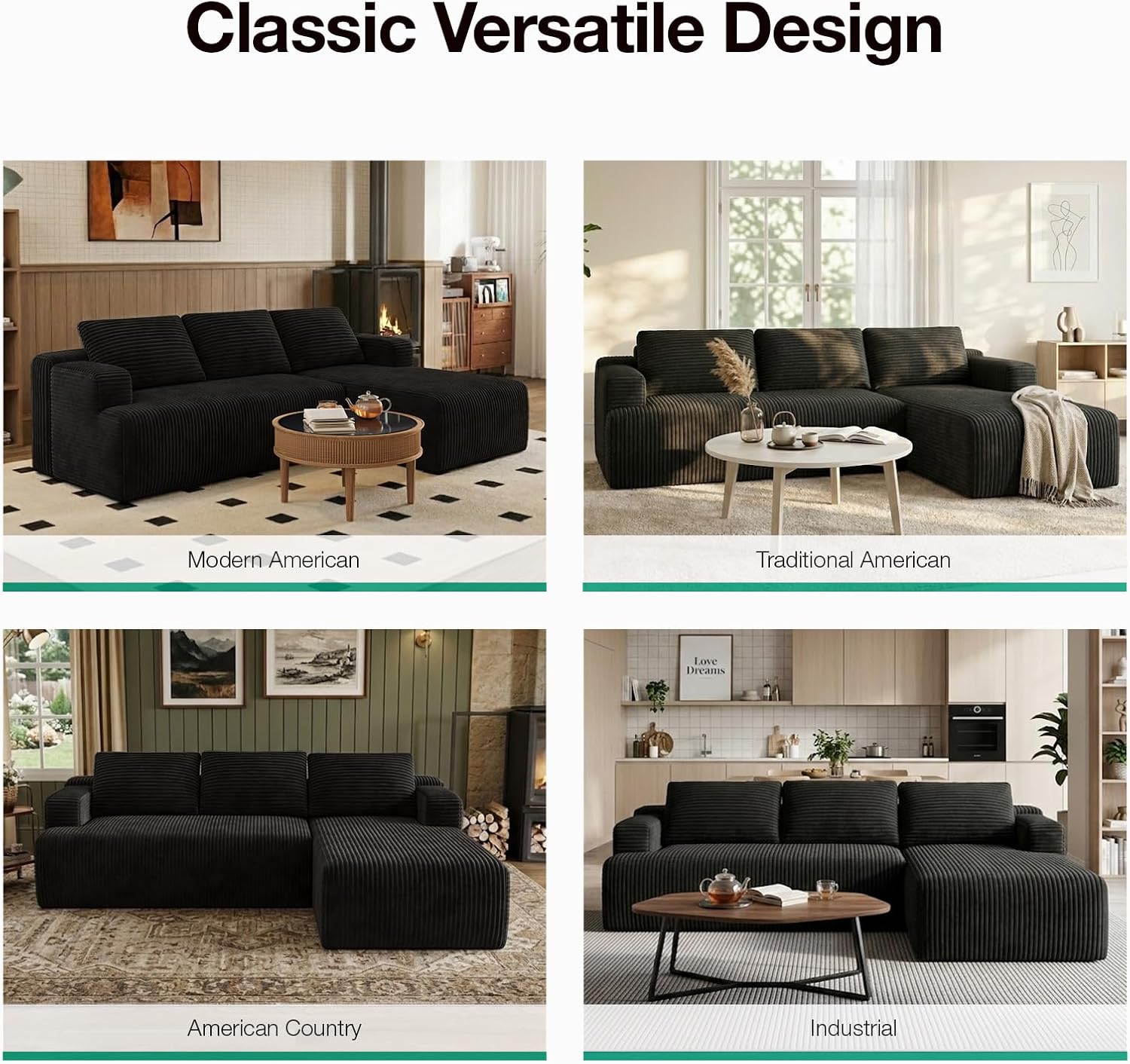 Novilla L-Shape Sectional Couches for Living Room with Smarts Coil® Support, 3 Seater Sectional Sofas for Living Room Bedroom, Corduroy Cloud Couch Sectional, No Assembly(Black, Right Hand Facing)